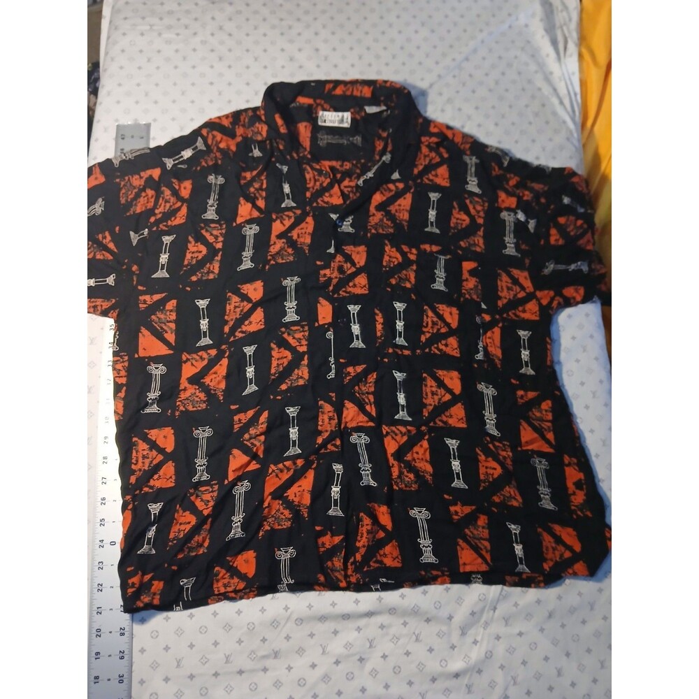 Vintage 1990s City Streets Shirt Men L Red Black Rayon Pillers Abstract Artsy